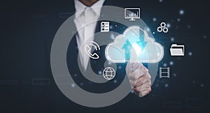 Man touching connect to data information on the Cloud Computing Technology Internet Storage Network Concept And a large database b