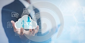 Man touching connect to data information on the Cloud Computing Technology Internet Storage Network Concept And a large database b