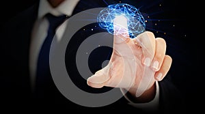 Man Touching Glowing Brain releasing energies concept background. Modern brain touching energy backdrop,