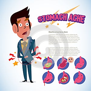 Man touching his belly. stomach ache pain concept. infographic with emotion set - vector illustration