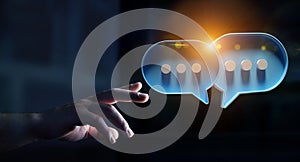 Man touching with his fingers digital speech bubbles talk icons. Minimal conversation or social media messages floating in front