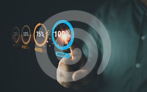 Man touching an icon of 100 percent on a virtual screen. Timeline to successful project