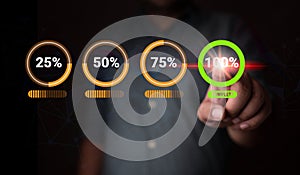 Man touching an icon of 100 percent on a virtual screen. Timeline to successful project