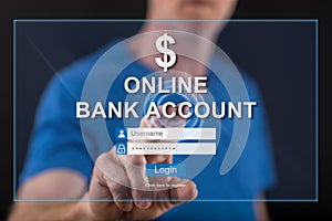 Man touching an online bank account website on a touch screen