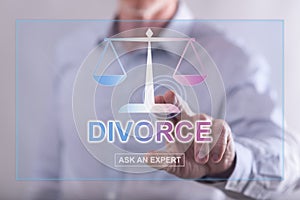 Man touching an online divorce advice website on a touch scre