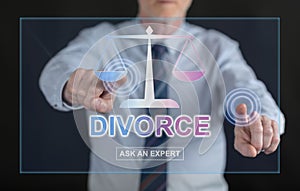 Man touching an online divorce advice website on a touch scre