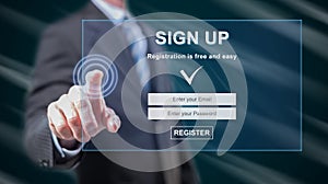 Man touching a signup concept photo