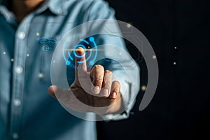 Man touching a touch screen with his finger