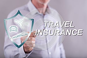 Man touching a travel insurance concept on a touch screen