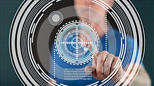 Man touching a virtual technology concept on a touch screen
