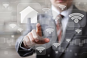 Man with touchscreen house network wifi sign