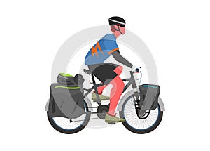 Man touring by bicycle. Simple flat illustration