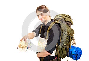 Man tourist backpacker paying euro money. Travel.