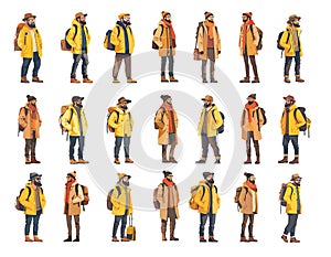 Man tourist cartoon style vector set. Trip male character hat glasses backpack accessories, yellow jacket brown coat