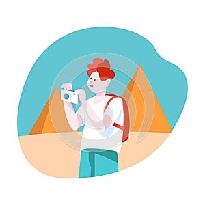 Man Tourist Character on Vacation Trip or Journey Standing with Camera Photographing Pyramid Vector Illustration