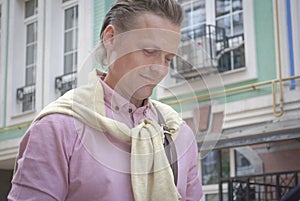 man tourist at city street building background.