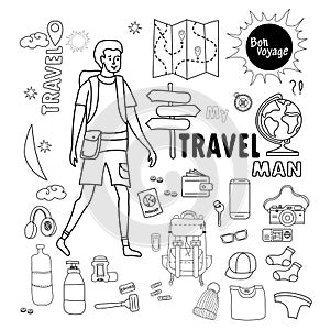 Man tourist. Doodle travel stuff for men. Set of images Travel and vacation - luggage, things, clothes and shoes