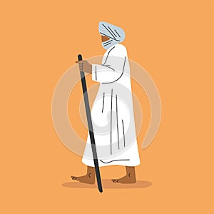 Man Tourist Hiking in Desert Walking with Cane and Barefoot Vector Illustration