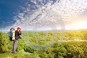 Man tourist in mountain.