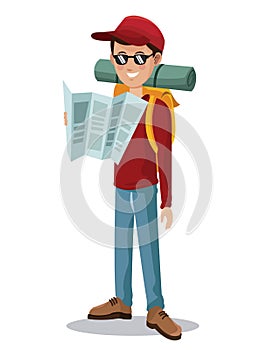 Man tourist reading map backpack glasses