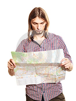 Man tourist reading map on trip. Summer travel.