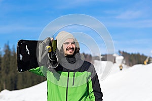 Man Tourist Snowboard Ski Resort Snow Winter Mountain Happy Smiling Guy On Holiday