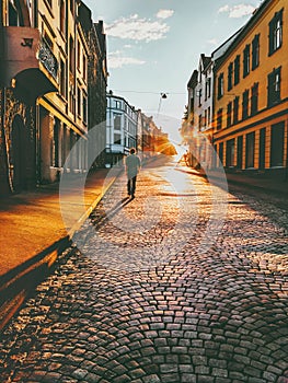 Man tourist walking in sunset street