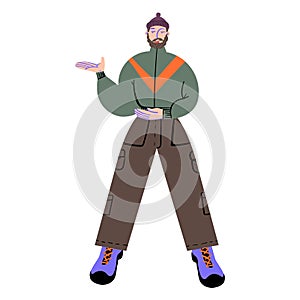 A man, a tourist who shows the way. Vector illustration.