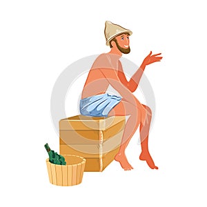 Man in towel sitting and relaxing in bathhouse vector illustration