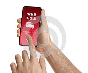 Man tracking parcel via smartphone on white background, closeup