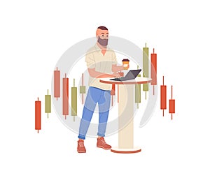 Man trader working on laptop computer analyzing data doing financial stock market research