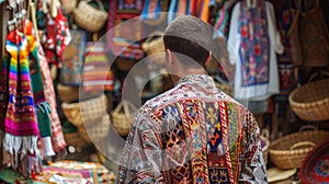 A man in a traditional embroidered shirt quietly surveys the market back facing the camera. The baskets and fabrics