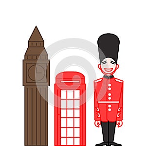 Man in Traditional Uniform, British Guard Soldier in line style. Outline landmarks Big Ben and telephone booth