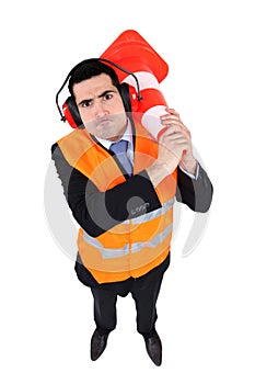 Man with traffic cone