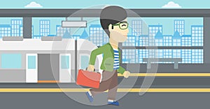Man at the train station vector illustration.