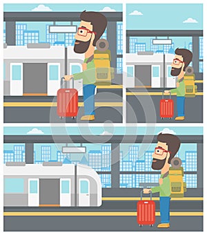 Man at the train station vector illustration.