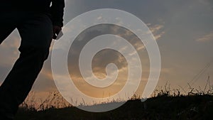 Man is training freestyle bal Hacky On Sunset Sack silhouette freestyle concept. man playing soccer stuffing a ball