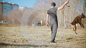 A man training his german shepherd dog - incite the dog on the target and making the dog jump