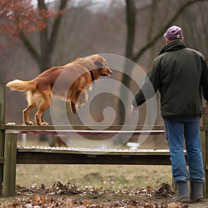 A man trains a dog to jump over a barrier, dog training,