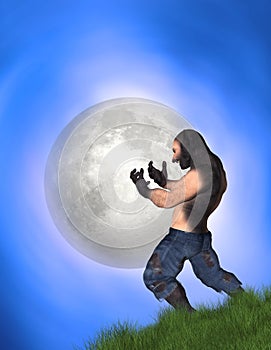 Man Transforming Into Werewolf Big Full Moon Illustration