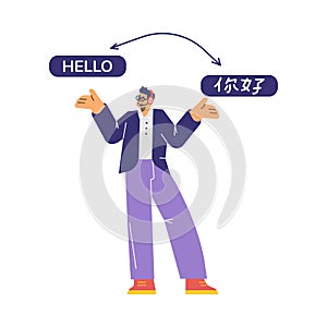 Man translator online help understanding foreign languages, translation and teaching service vector illustration