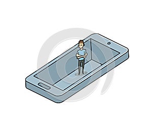 Man trapped in his smartphone like in a pit. Gadget addiction, social media dependency concept. Flat vector illustration