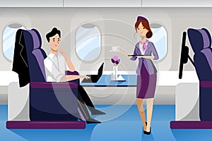 Man travel by airplane in business class. Vector flat cartoon illustration. Plane interior with comfortable seat