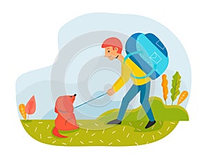 Man with travel backpack and dog walking outdoors. Flat character concept illustration of people with pets