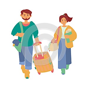 Man with travel bag and suitcase and woman with tiket and documents Couple going to travel Flat vector illustration
