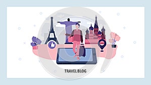 Man with travel bag visiting world landmarks. Travel blog and photo sharing. Holiday and adventure vacation photography