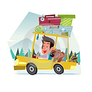 Man Travel by car with his dog ,baggage on the top. Journey concept - vector