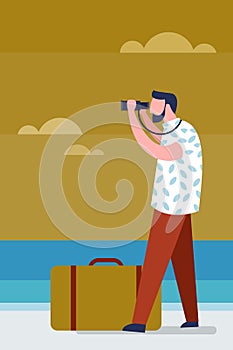 Man with a travel suitcase looks through a binocular