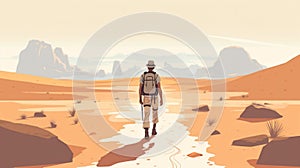 man travel trek walking desert sand backpack adventure landscape journey hike. Generative AI.