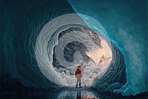 Man traveler, arctic expedition. Iceberg cave with ice walls, Generative Ai